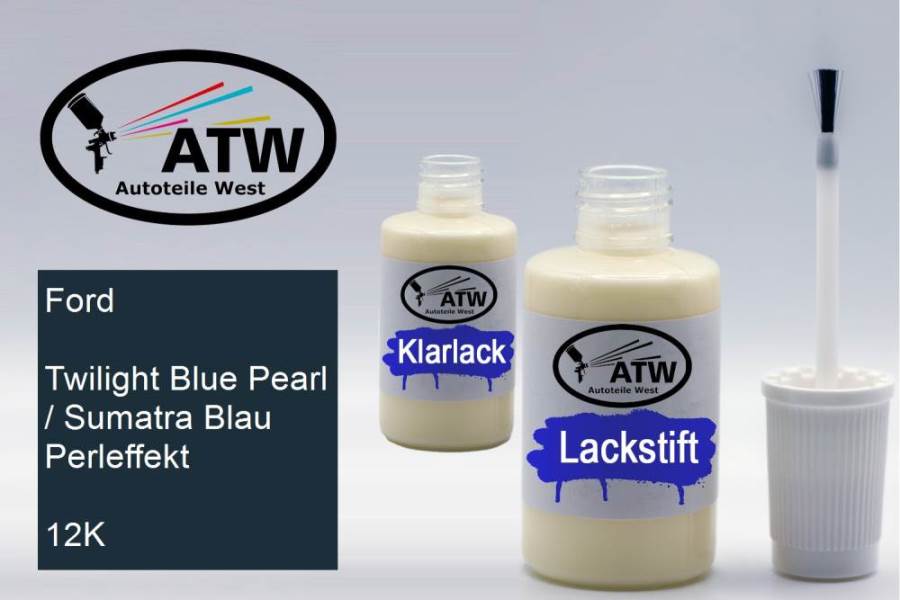 Ford, Twilight Blue Pearl / Sumatra Blau Perleffekt, 12K: 20ml Lackstift + 20ml Klarlack - Set, von ATW Autoteile West.
